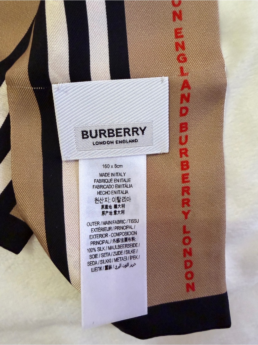 Burberry Silk Medal Print Twilly in White, Red, Green, Tan - Picture 3 of 9